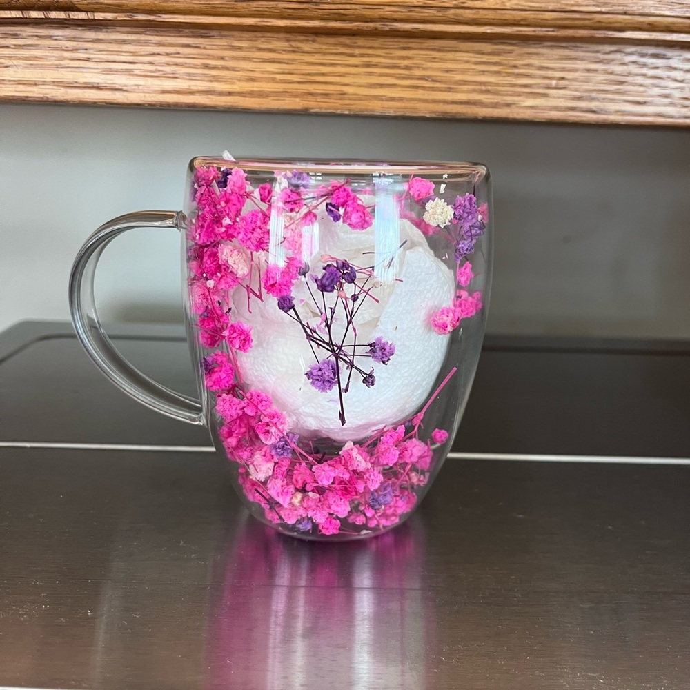 Clear Plastic Mug with Pink and Purple Dried Flowers